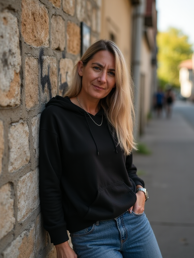 Online-Business-Mentorin Nicol Zimmerninkat lehnend an der Wand