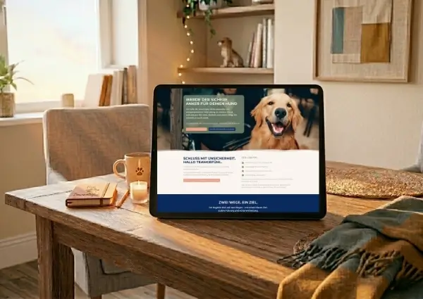 Hundeschule Website auf einem Tablet, dass auf dem Tisch steht.